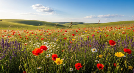 Idyllic green hills and colorful wildflowers in summer sunshine