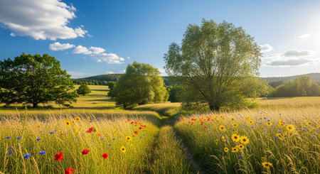Pathway through vibrant wildflower meadow towards distant hillsの写真素材