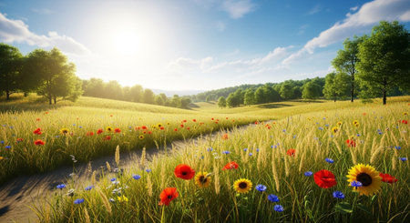 Sunlit wildflower meadow with path and distant treesの写真素材