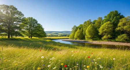 Scenic river landscape with wildflowers in a sunny meadowの写真素材