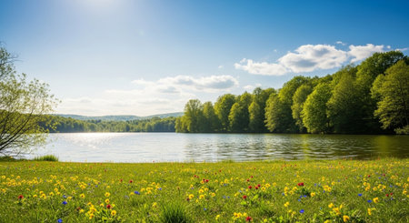 Scenic lake landscape with wildflowers and lush green forestの写真素材
