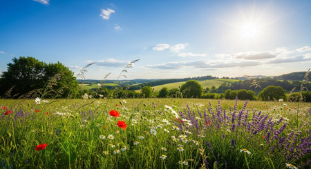 Vibrant wildflower meadow under bright sunny sky landscape