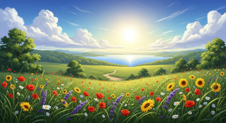 Scenic meadow of wildflowers with distant lake and skyの写真素材