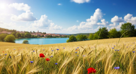 Summer wheat field with red poppies and blue skyの写真素材