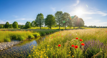 Idyllic Landscape with Stream, Meadow, and Trees in Sunlightの写真素材