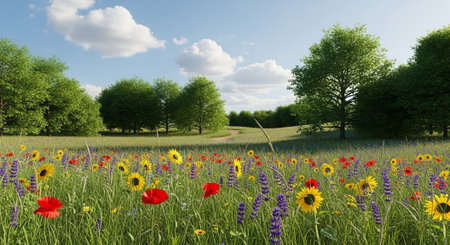 Vibrant wildflowers in meadow landscape under a sunny skyの写真素材