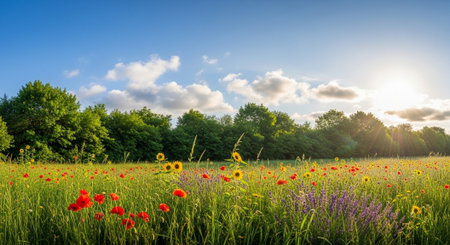 Scenic wildflower meadow landscape with vibrant colors under sunlightの写真素材