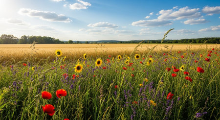 Sunlit summer field with sunflowers, poppies and wheat