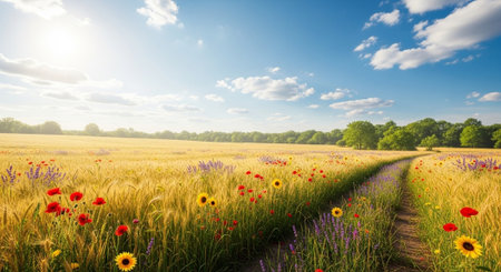 Golden wheat field with poppies under a blue sky
