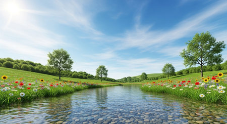 Calm river flowing through a meadow with colorful flowersの写真素材