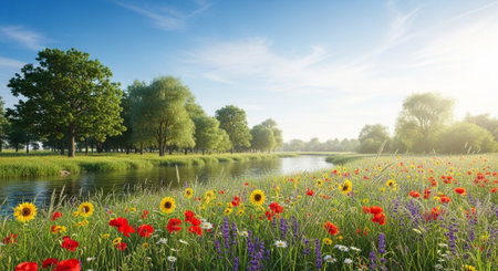 Sunlit meadow with a flowing river and colorful wildflowersの写真素材