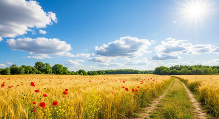 Golden wheat field with red poppies and country path