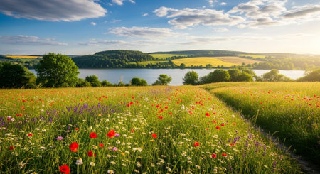 Idyllic countryside landscape with wildflowers and a serene lakeの写真素材