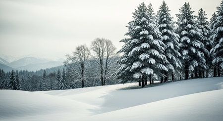 Snowy pine trees landscape against mountain range backgroundの写真素材