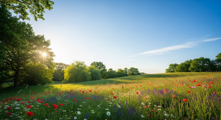 Lush meadow filled with vibrant wildflowers under blue skyの写真素材
