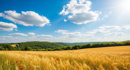 Golden wheat field under blue sky with fluffy clouds