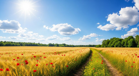 Wheat field and poppy flowers on sunny summer day