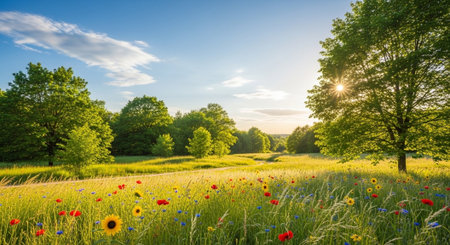Sunlit meadow with wildflowers and trees on a summer day