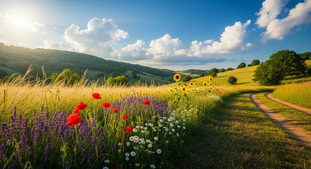 Scenic landscape of wildflowers, hills, and sky at sunsetの写真素材