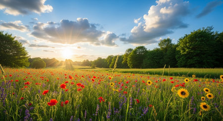 Scenic wildflower field at sunset with bright sunshineの写真素材