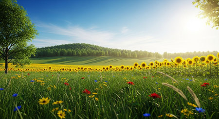 Lush Sunflower Field Under Blue Sky with Sunlightの写真素材