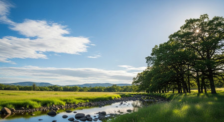 Scenic landscape with a river flowing through a meadow