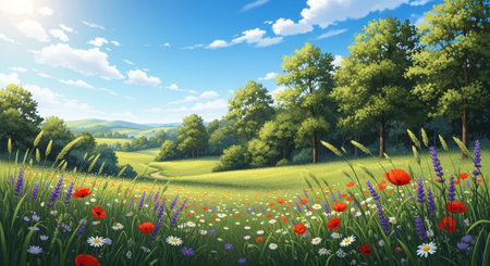 Scenic summer field with wildflowers and green trees under skyの写真素材