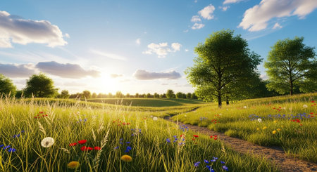 Scenic meadow landscape with wildflowers and a sunlit path