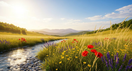 Scenic field with creek flowers and distant mountains landscapeの写真素材