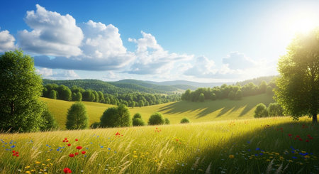 Rolling hills and wildflower field on a sunny dayの写真素材