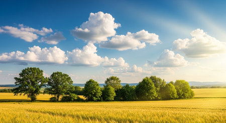 Golden wheat field landscape under a bright summer skyの写真素材