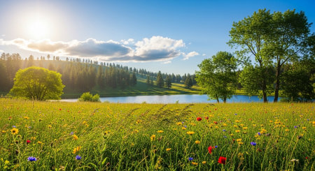 Picturesque landscape featuring wildflower meadow, lake, forest and skyの写真素材