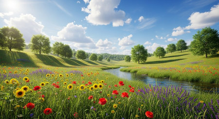 Scenic meadow with flowers, stream and bright blue skyの写真素材
