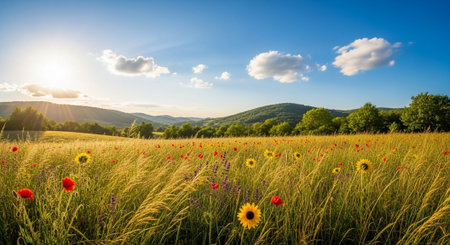 Scenic summer meadow filled with wildflowers under a blue sky
