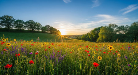 Sunlit meadow with vibrant wildflowers and rolling hillsの写真素材
