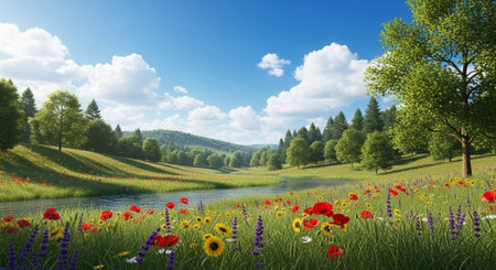 Picturesque landscape with wildflowers and river under blue skyの写真素材