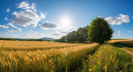 Golden wheat field and vibrant wildflowers under bright sky