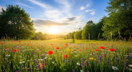 Vibrant wildflower meadow at sunset featuring vivid colors and light
