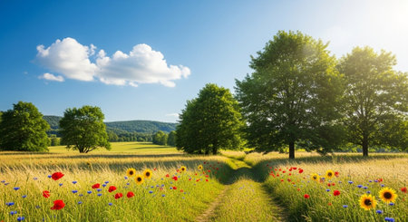Scenic rural landscape with vibrant wildflowers and clear blue sky