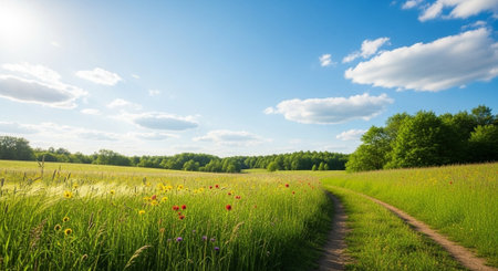 Path through a vibrant meadow under a bright blue skyの写真素材
