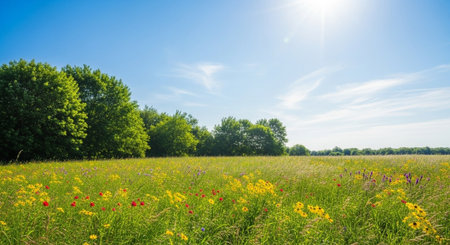 Picturesque flower meadow under a bright blue summer sky