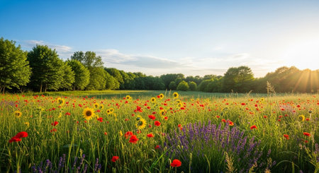 Vibrant wildflower meadow in full bloom under a blue skyの写真素材
