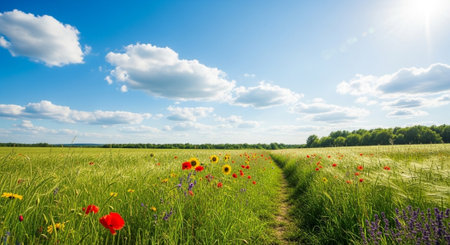 Scenic view of wildflower meadow and clear blue skyの写真素材