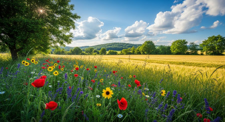 Scenic summer meadow with wildflowers and wheat field backdropの写真素材