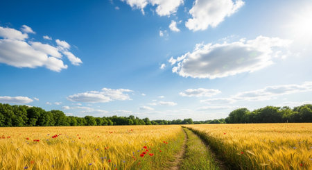 Golden wheat field path to sunny summer horizon