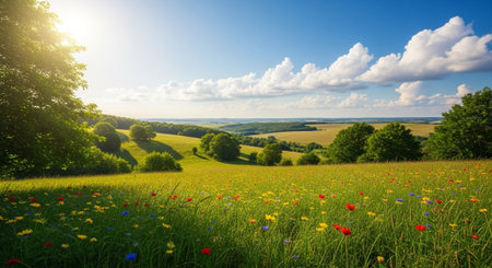 Picturesque meadow landscape with colorful wildflowers under a sunny skyの写真素材