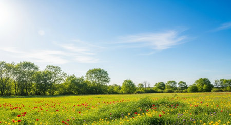 Vibrant wildflower meadow under a sunny blue skyの写真素材
