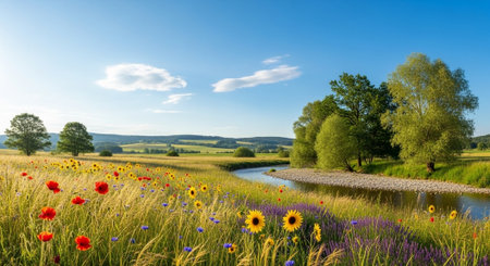 Scenic meadow with wildflowers and winding stream under blue skyの写真素材