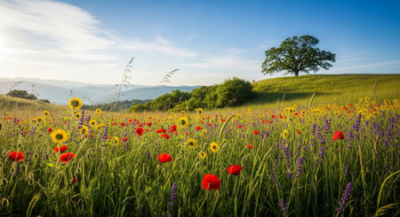 Scenic landscape view of vibrant flowers and green fieldsの写真素材