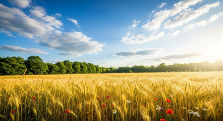 Golden wheat field with flowers and clear blue sky